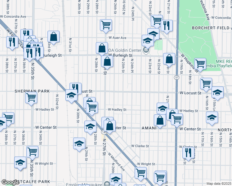map of restaurants, bars, coffee shops, grocery stores, and more near 2857 North 26th Street in Milwaukee