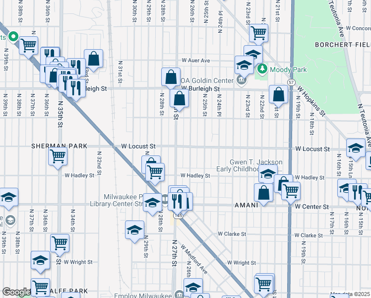 map of restaurants, bars, coffee shops, grocery stores, and more near 2857 North 26th Street in Milwaukee