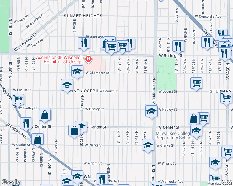 map of restaurants, bars, coffee shops, grocery stores, and more near 2854 North 47th Street in Milwaukee