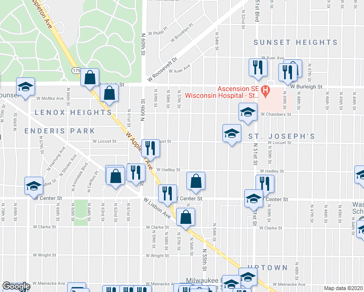 map of restaurants, bars, coffee shops, grocery stores, and more near 2850 North 57th Street in Milwaukee