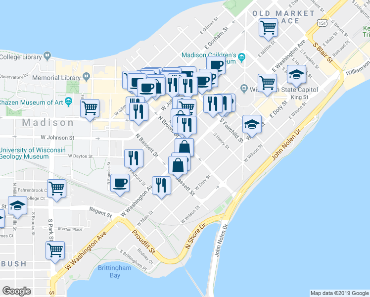 map of restaurants, bars, coffee shops, grocery stores, and more near 5 North Broom Street in Madison