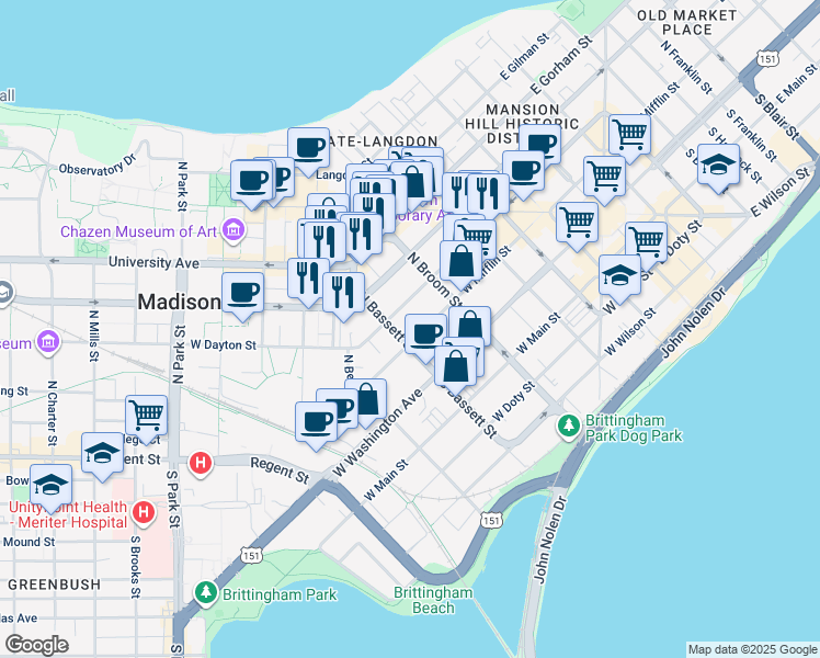 map of restaurants, bars, coffee shops, grocery stores, and more near 441 West Mifflin Street in Madison
