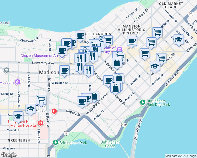 map of restaurants, bars, coffee shops, grocery stores, and more near 114 North Bassett Street in Madison