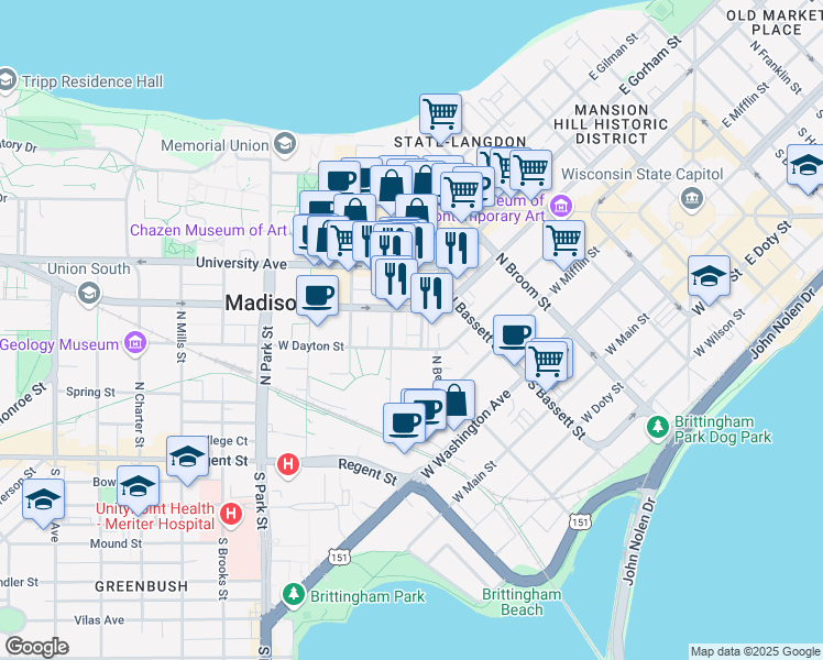 map of restaurants, bars, coffee shops, grocery stores, and more near 550 West Dayton Street in Madison