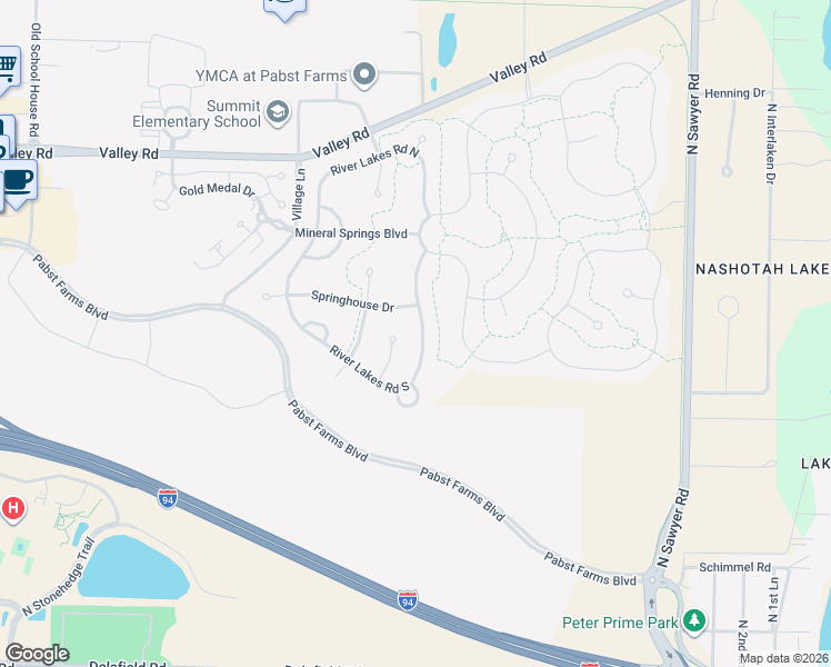 map of restaurants, bars, coffee shops, grocery stores, and more near 1859 River Lakes Road South in Oconomowoc