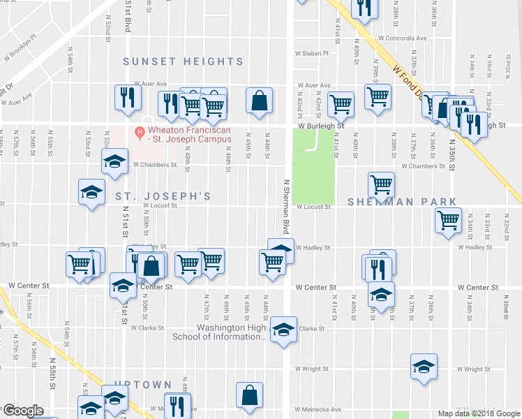 map of restaurants, bars, coffee shops, grocery stores, and more near 2879 North 44th Street in Milwaukee
