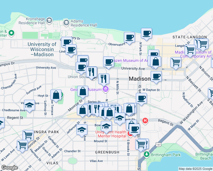 map of restaurants, bars, coffee shops, grocery stores, and more near 210 North Charter Street in Madison