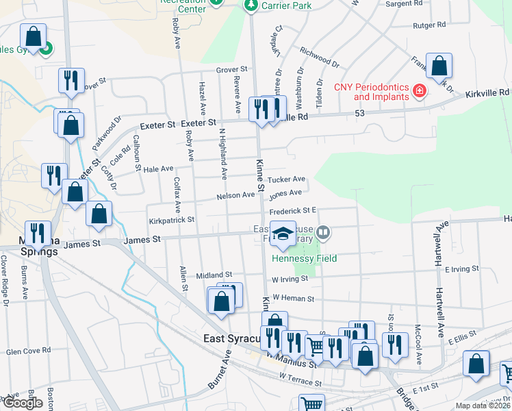 map of restaurants, bars, coffee shops, grocery stores, and more near 310 Kinne Street in East Syracuse