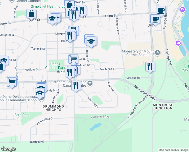 map of restaurants, bars, coffee shops, grocery stores, and more near 6080 McLeod Road in Niagara Falls