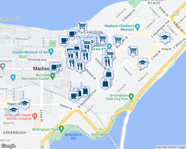 map of restaurants, bars, coffee shops, grocery stores, and more near 113 North Bassett Street in Madison