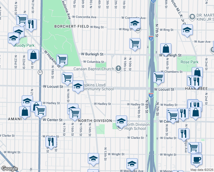 map of restaurants, bars, coffee shops, grocery stores, and more near 2869 North 12th Street in Milwaukee