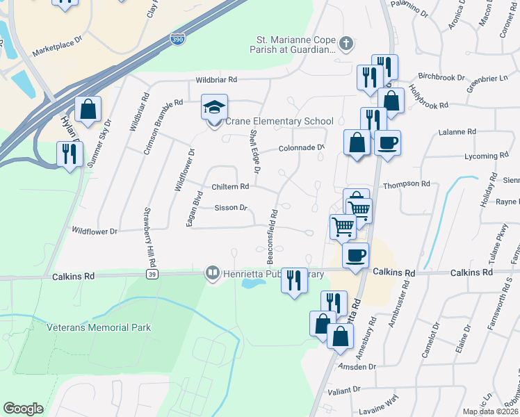 map of restaurants, bars, coffee shops, grocery stores, and more near 8 Sisson Drive in Rochester