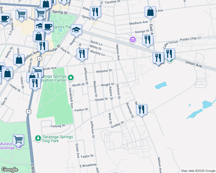 map of restaurants, bars, coffee shops, grocery stores, and more near 70 Monroe Street in Saratoga Springs