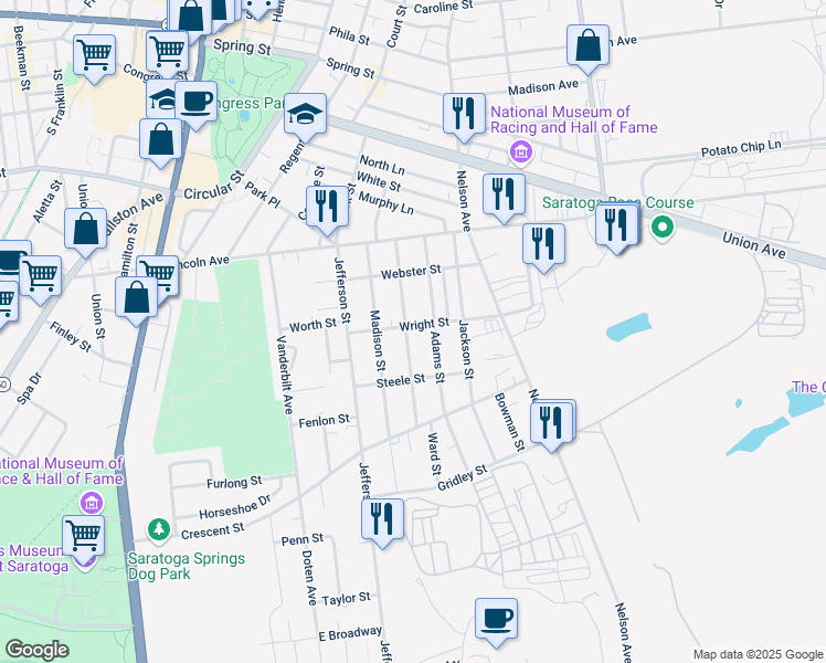 map of restaurants, bars, coffee shops, grocery stores, and more near 48 Wright Street in Saratoga Springs