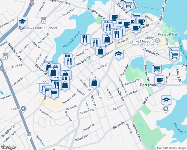 map of restaurants, bars, coffee shops, grocery stores, and more near 46 Cabot Street in Portsmouth