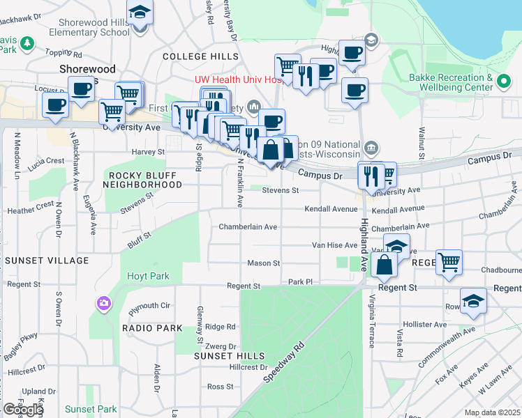 map of restaurants, bars, coffee shops, grocery stores, and more near 2718 Chamberlain Avenue in Madison