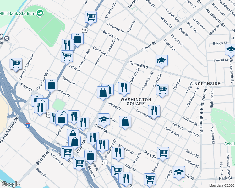 map of restaurants, bars, coffee shops, grocery stores, and more near 1109 1st North Street in Syracuse
