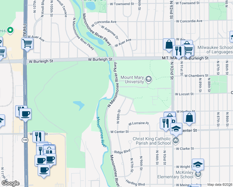 map of restaurants, bars, coffee shops, grocery stores, and more near 2900 North Menomonee River Parkway in Milwaukee