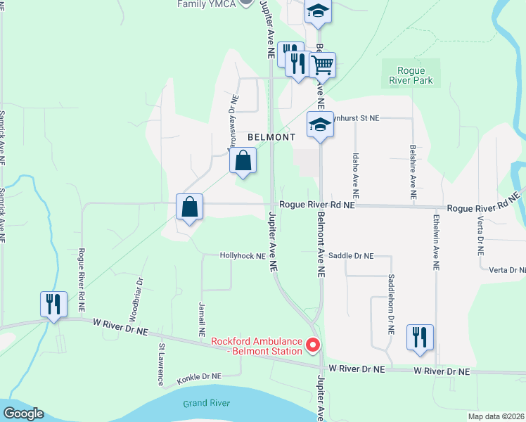 map of restaurants, bars, coffee shops, grocery stores, and more near 2256 Rogue River Road Northeast in Plainfield charter Township