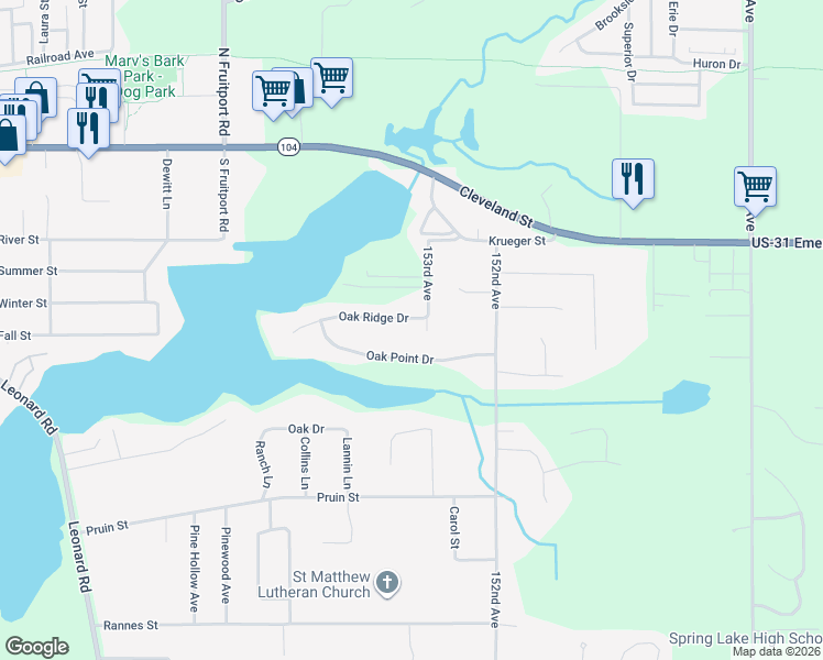 map of restaurants, bars, coffee shops, grocery stores, and more near 15311 Oak Point Drive in Spring Lake