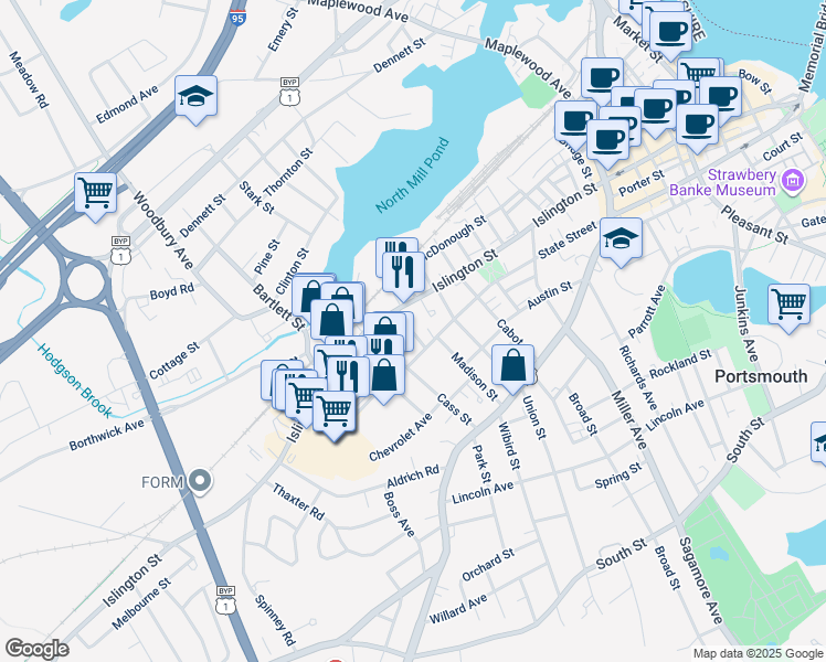 map of restaurants, bars, coffee shops, grocery stores, and more near 2 Columbia Court in Portsmouth