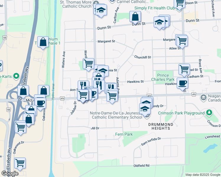 map of restaurants, bars, coffee shops, grocery stores, and more near 6817 Regional Road 49 in Niagara Falls