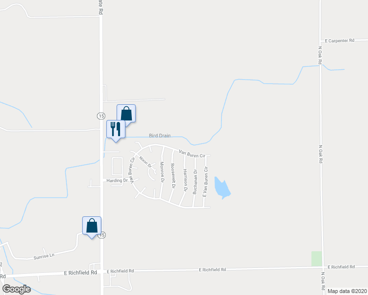 map of restaurants, bars, coffee shops, grocery stores, and more near 257 Harrison Drive in Davison