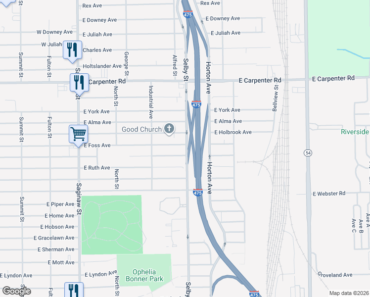 map of restaurants, bars, coffee shops, grocery stores, and more near 1066 East Lorado Avenue in Flint