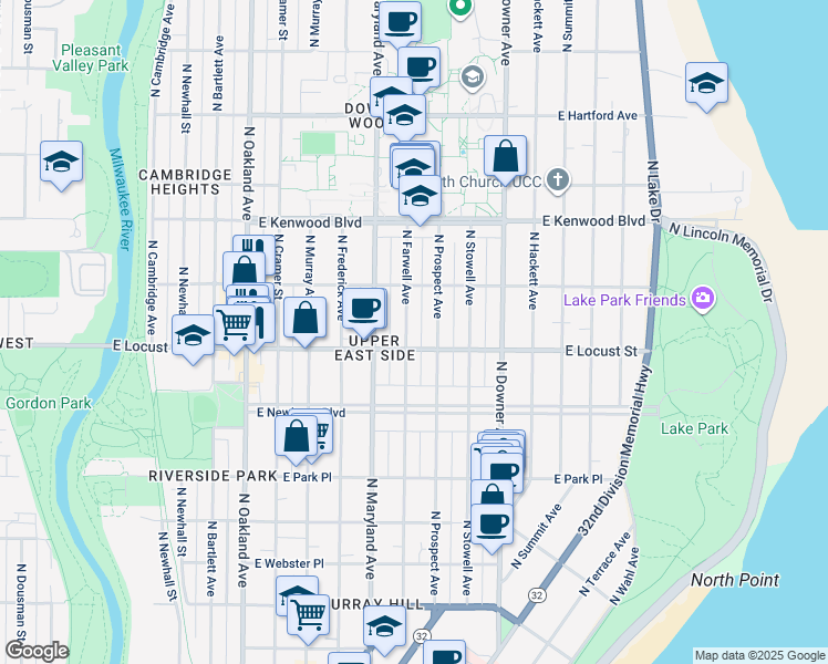 map of restaurants, bars, coffee shops, grocery stores, and more near 2903 North Farwell Avenue in Milwaukee