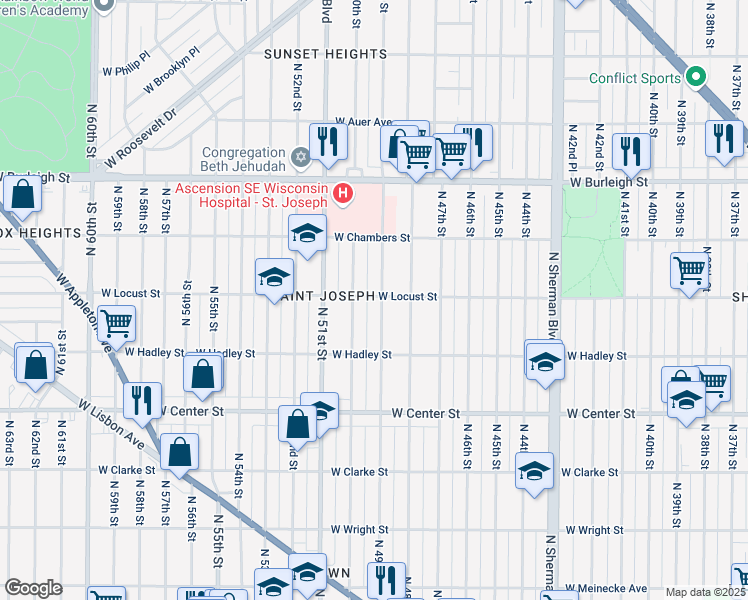 map of restaurants, bars, coffee shops, grocery stores, and more near 2849 North 49th Street in Milwaukee