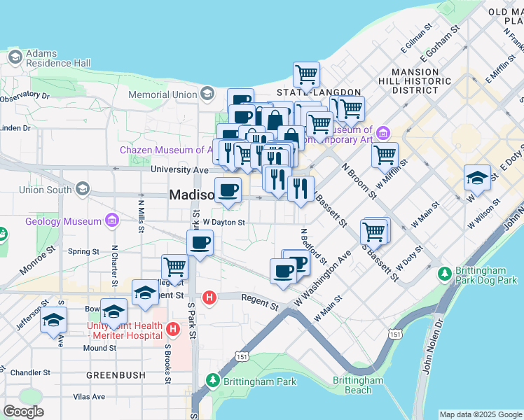 map of restaurants, bars, coffee shops, grocery stores, and more near in Madison