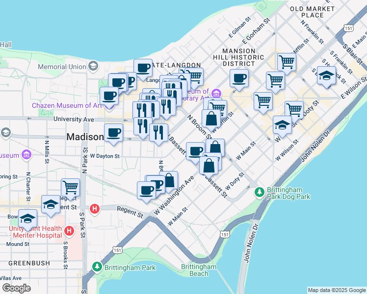 map of restaurants, bars, coffee shops, grocery stores, and more near 114 North Bassett Street in Madison