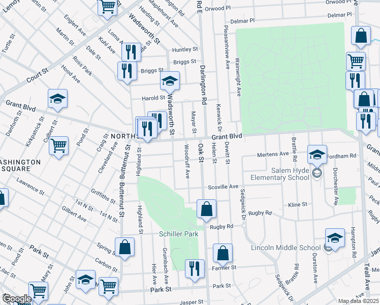 map of restaurants, bars, coffee shops, grocery stores, and more near 314 Woodruff Avenue in Syracuse