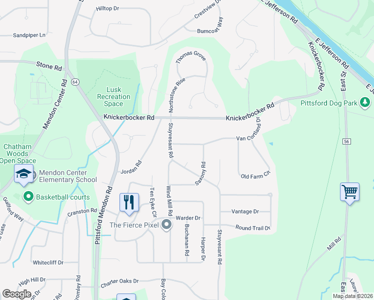 map of restaurants, bars, coffee shops, grocery stores, and more near 15 Stuyvesant Road in Pittsford