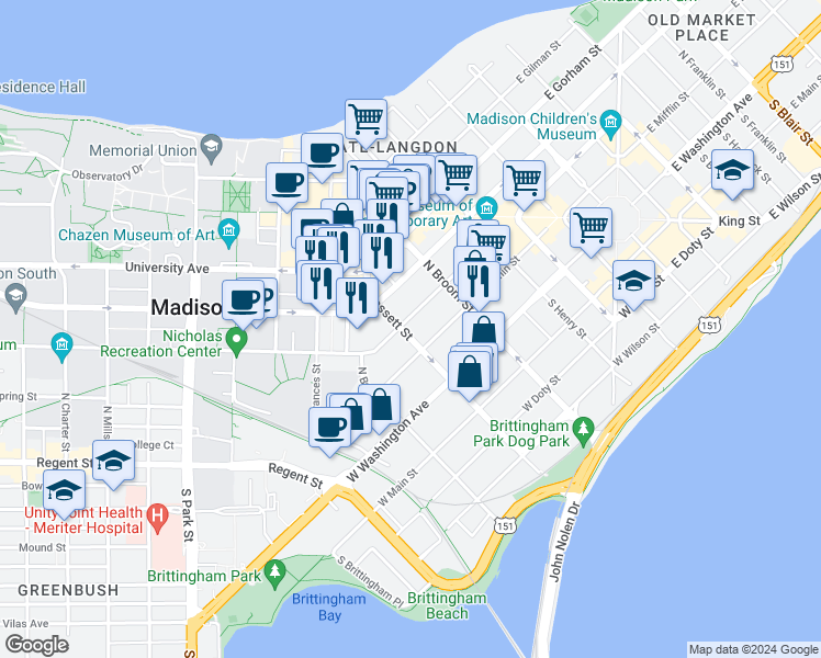 map of restaurants, bars, coffee shops, grocery stores, and more near 115 North Bassett Street in Madison
