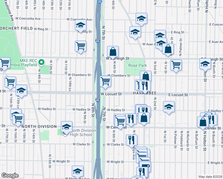 map of restaurants, bars, coffee shops, grocery stores, and more near 2911 North 6th Street in Milwaukee