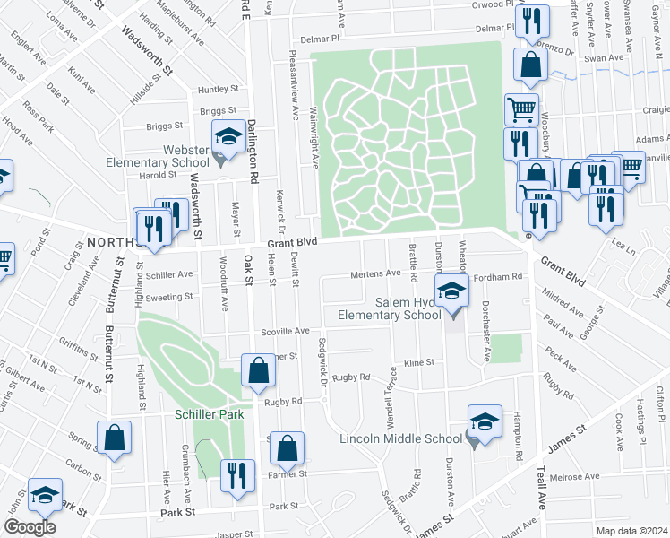 map of restaurants, bars, coffee shops, grocery stores, and more near 617 Mertens Avenue in Syracuse