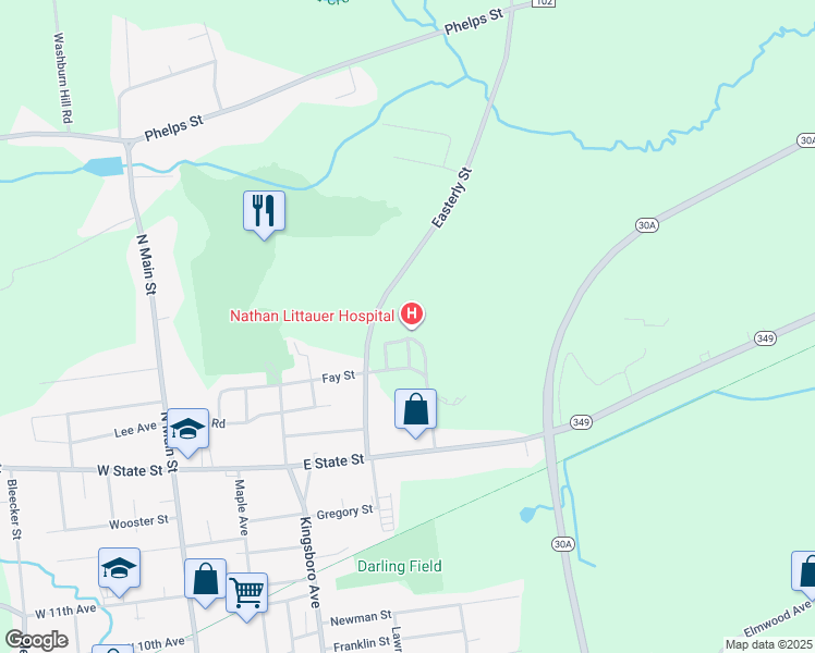 map of restaurants, bars, coffee shops, grocery stores, and more near 99 East State Street in Gloversville