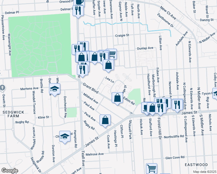 map of restaurants, bars, coffee shops, grocery stores, and more near 123 Village Drive in Syracuse