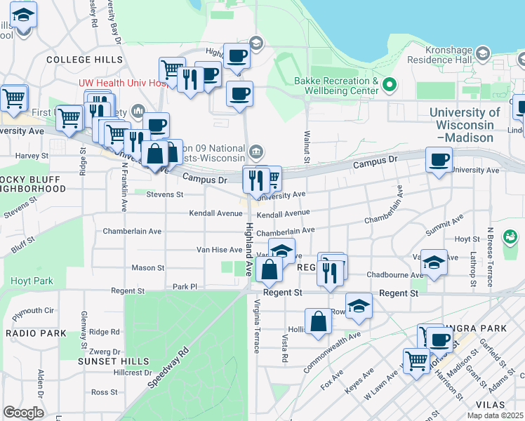 map of restaurants, bars, coffee shops, grocery stores, and more near 2414 Kendall Avenue in Madison