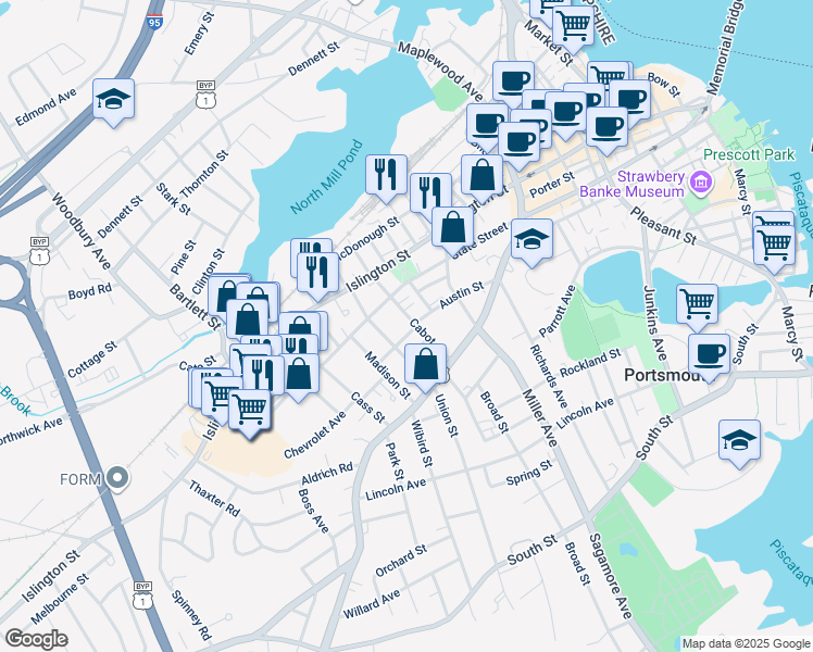 map of restaurants, bars, coffee shops, grocery stores, and more near 274 Austin Street in Portsmouth