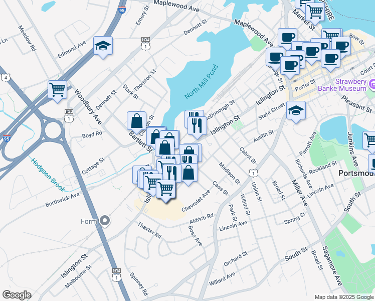 map of restaurants, bars, coffee shops, grocery stores, and more near 566 Islington Street in Portsmouth