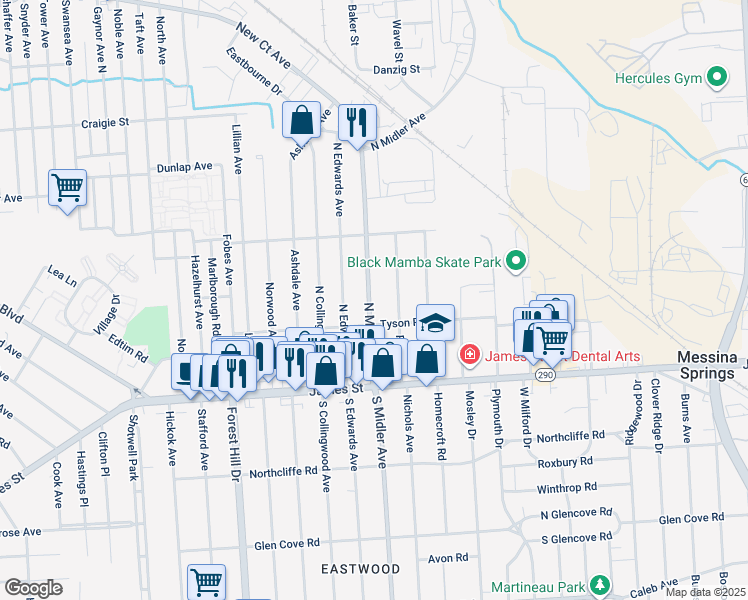 map of restaurants, bars, coffee shops, grocery stores, and more near 201 North Midler Avenue in Syracuse