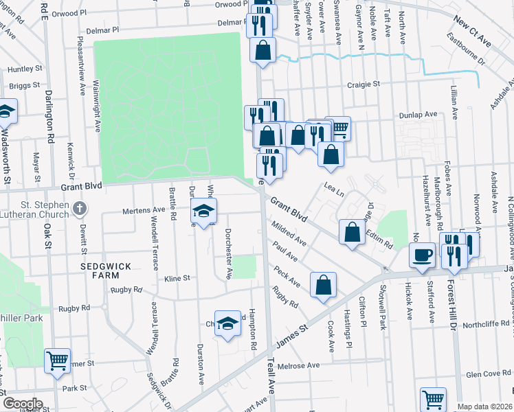 map of restaurants, bars, coffee shops, grocery stores, and more near 1623 Teall Avenue in Syracuse