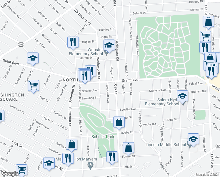 map of restaurants, bars, coffee shops, grocery stores, and more near 1365 Oak Street in Syracuse