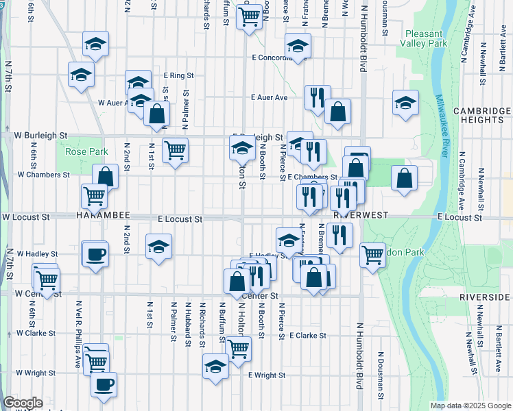 map of restaurants, bars, coffee shops, grocery stores, and more near in Milwaukee