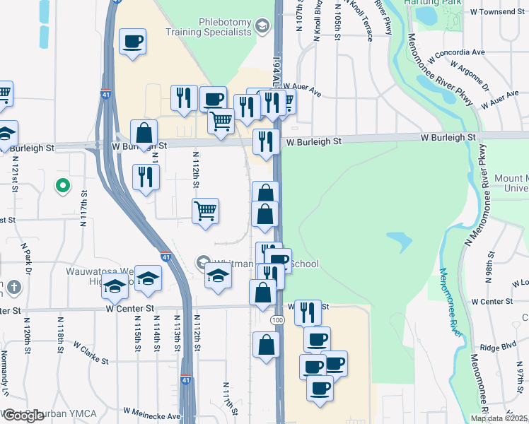 map of restaurants, bars, coffee shops, grocery stores, and more near 2885 Wisconsin 100 in Wauwatosa