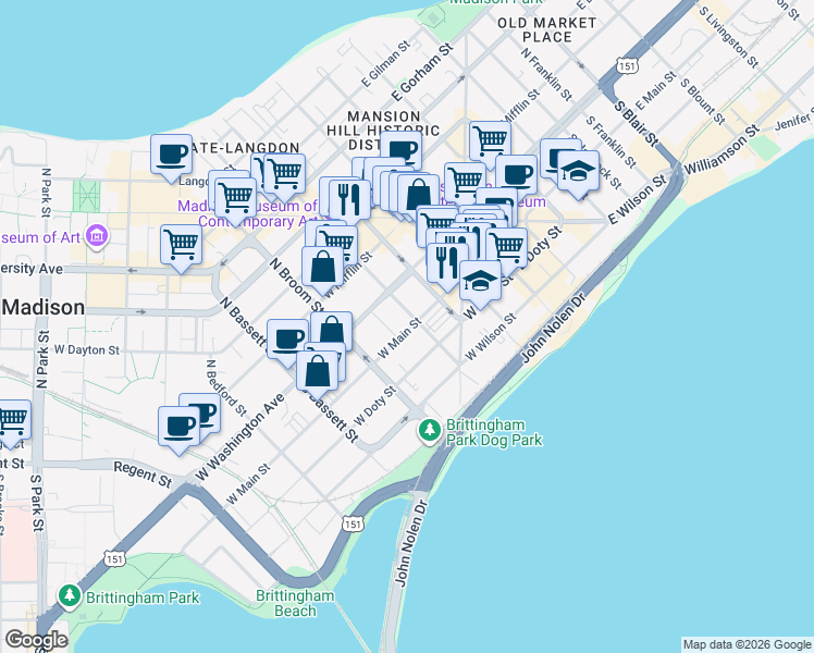 map of restaurants, bars, coffee shops, grocery stores, and more near 333 West Main Street in Madison