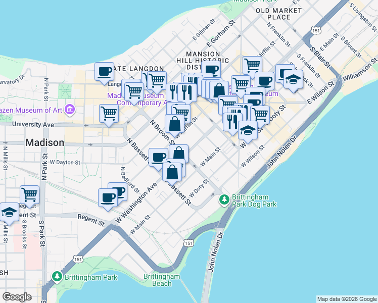 map of restaurants, bars, coffee shops, grocery stores, and more near 31 South Broom Street in Madison