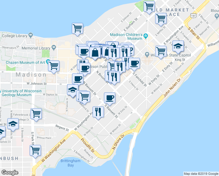 map of restaurants, bars, coffee shops, grocery stores, and more near 5 North Broom Street in Madison